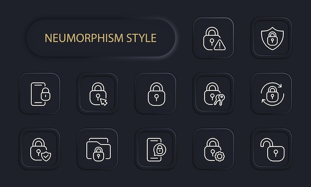 個人データのアイコン セットのロック パスワード警告サイン キー同期電話ロック解除カーソル セキュリティ システム ギア シールド プライバシー概念 ネオモーフィズム スタイル ビジネスのベクトル線アイコン