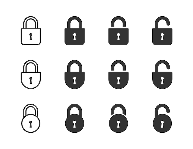 Vettore set di icone di blocco collezione di simboli lucchetto simbolo di sicurezza icona lucchetto aperto e lucchetto chiuso illustrazione vettoriale piatta
