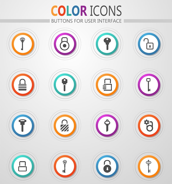 Lock and Key icons on round white buttons with color strokes