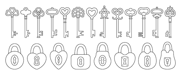 ロックとキーラインアイコン古い南京錠安全セキュリティ保護ヴィンテージプライベートアクセス落書きシンボル