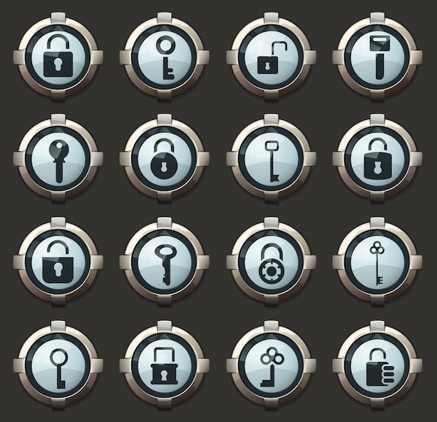 Замок и ключ векторные иконки в стильных круглых кнопках для мобильных приложений и Интернета