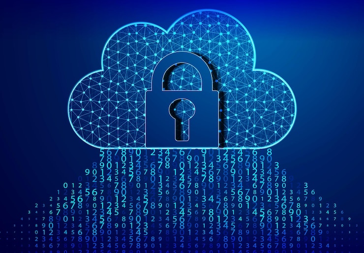 Vector lock padlock and cloud computing code blue bytes of binary code flying through a vortex
