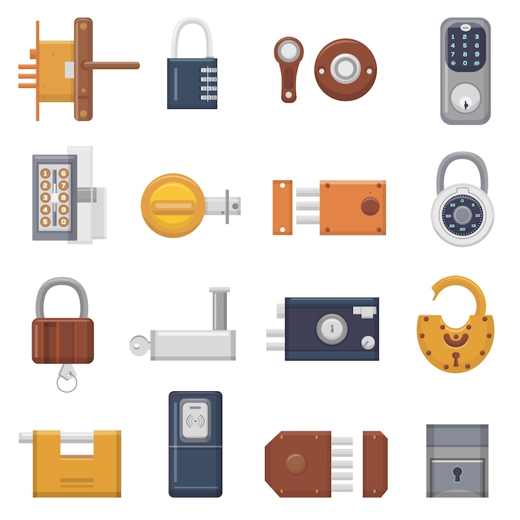 Vector lock  padlock with keyhole for safety and security locking system with locked secure mechanism to interlock or lockout doorlock illustration set isolated on white background