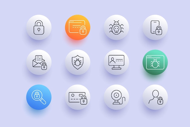 Lock set icon Wachtwoord kaart pincode spider virus netwerk web antivirus camera bescherming beveiliging Defensie concept Neomorfisme stijl Vector lijn pictogram voor Business en reclame