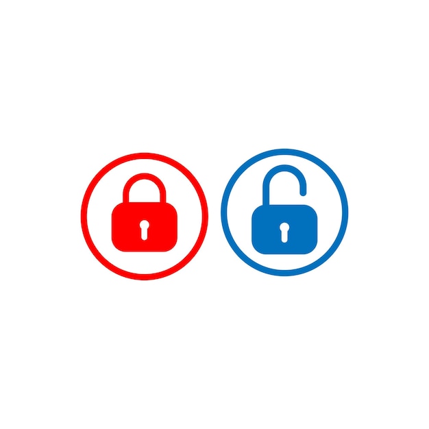 Modello di progettazione del pulsante di blocco e sblocco illustrazione vettoriale dell'icona del lucchetto con cornice rotonda elemento di progettazione di sicurezza simbolo di protezione isolato su sfondo bianco colore rosso e blu