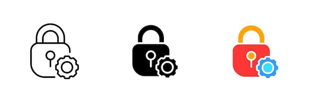 Lock with gear Access settings closed forbidden personal data information protection account Vector set icon in line black and colorful styles isolated on white background