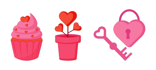 Lock with a key in the form of a heart, a pot of hearts and cupcake