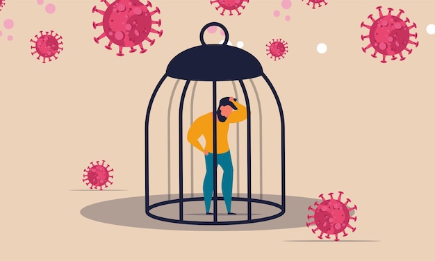 Lockdown and curfew at home vector illustration with people a\
man stands in a cage