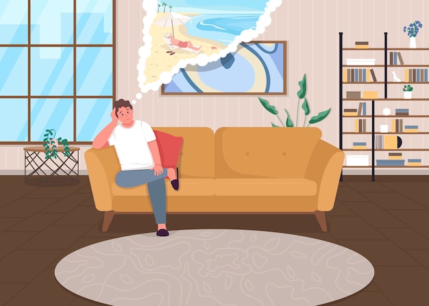 Lockdown depression flat color  illustration self isolation during pandemic sad guy think of holiday man dreaming of vacation cartoon characters with home interior on