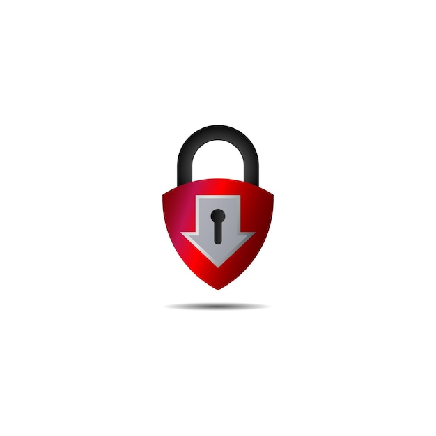 Lockdown sign illustration isolated on white background Metalic red shield padlock with Down arrow shape icon Security logo concept Protection design element Lock logo template