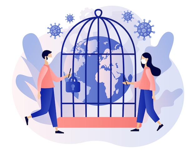 Lockdown in world countries planet earth globe in cage as metaphore quarantine in world stop covid