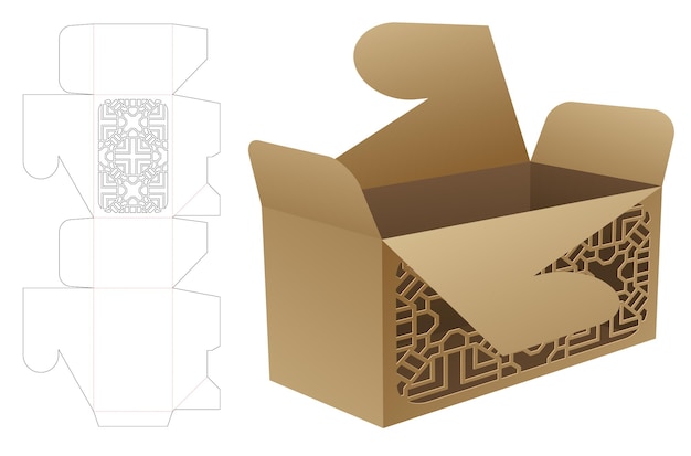 Vector locked flip box with stenciled pattern die cut template and 3d mockup