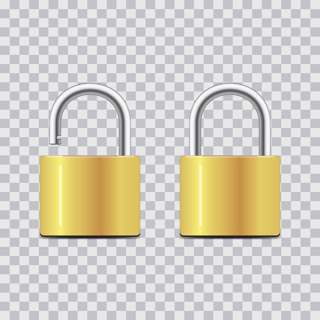 Vector locked and unlocked padlock. realistic set of golden locks on transparent background. security concept.