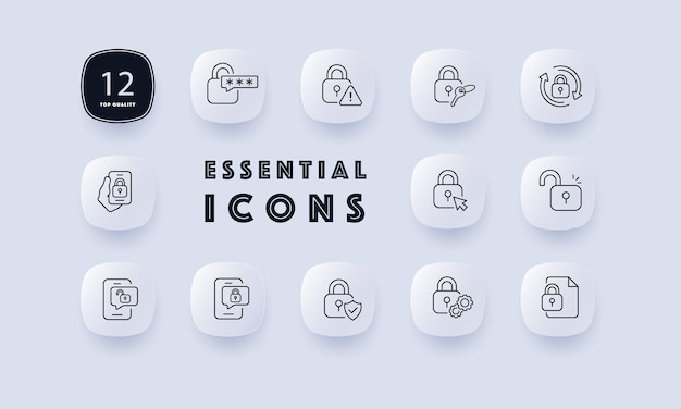 Locks for privacy set icon Password warning sign sync synchronization phone unlock security system notification shield gears Private data protection concept Neomorphism Vector line icon