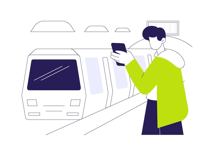 Vector locomotive abstract concept vector illustration man waiting for locomotive train ecology environment