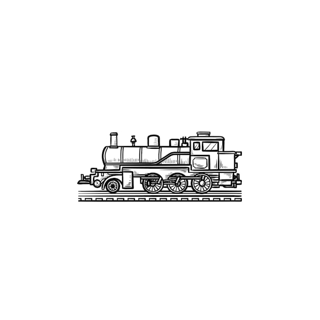 기관차 손으로 그린 개요 낙서 아이콘입니다. 빈티지 기차, 철도 운송, 증기 기차 여행 개념