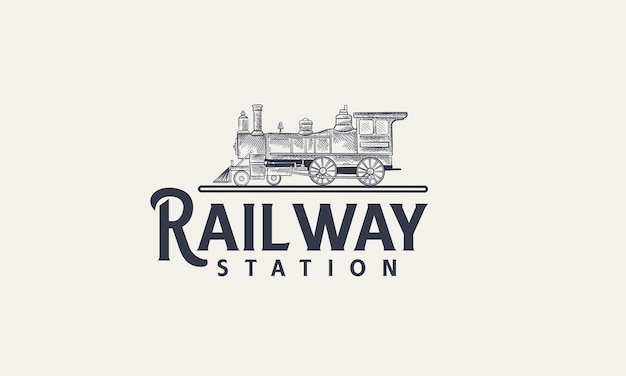 Illustrazione del logo della locomotiva emblema di stile vintage della stazione ferroviaria disegnato a mano