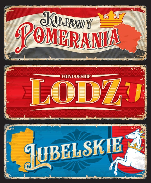 Lodz, lubelskie, kujawy pomerania polacchi piatti del voivodato e adesivi da viaggio. banner vintage vettoriali con punti di riferimento turistici della polonia, mappa del territorio e cervi araldici e insegne retrò invecchiate corona