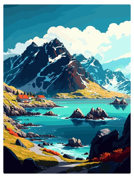Vector lofoten islands norwegian vintage travel poster souvenir postcard portrait painting wpa illustration