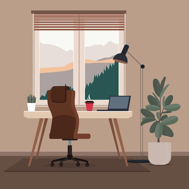 Vector loft interior of home office table with laptop and hot coffee work space with window cozy job atmosphere workplace for freelancer designer busines finances or marketing worker