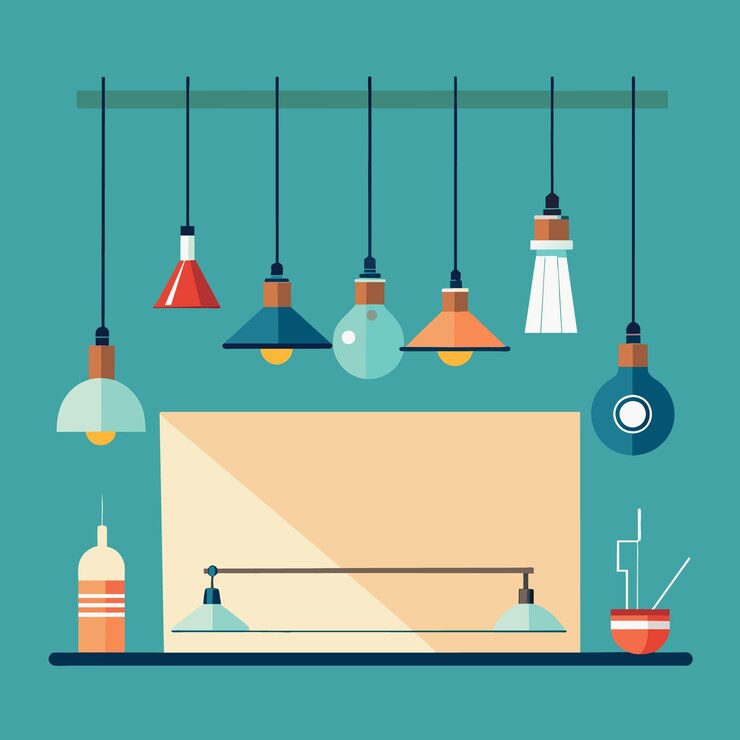 Vector loft lamps collection and lampshades in one line drawing