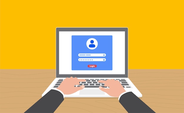 Log in account on the laptop. hands on the laptop. laptop with password notification and lock icon.