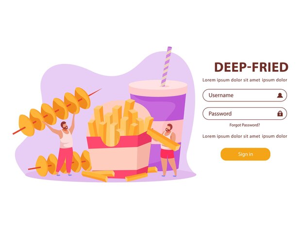 Log in form for password with men eating deep fried fast food