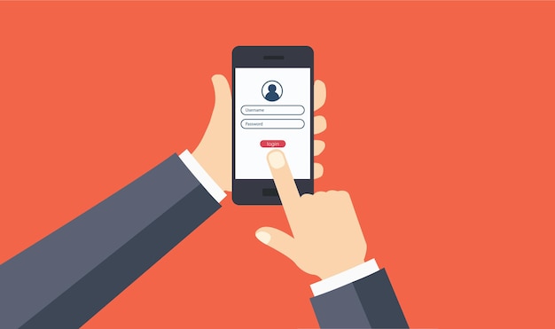Vector log in screen. mobile application interface. hands holding. website with buttons and network account