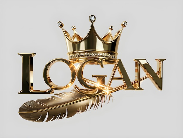 Nome logan logo design nome logan in carattere elegante corona d'oro con piuma formato vettoriale