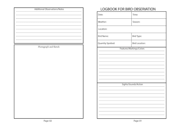 벡터 조류 관찰 일지 원고 크기, 6 x 9인치