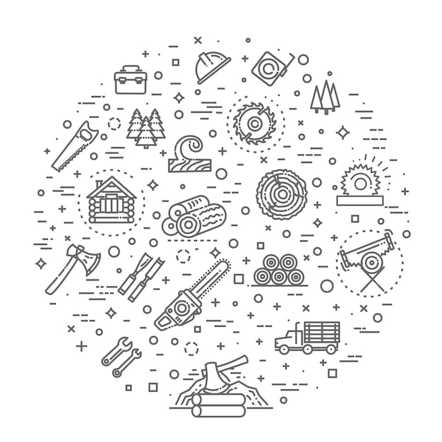 Vector logging sawmill line icons instruments for working with wood