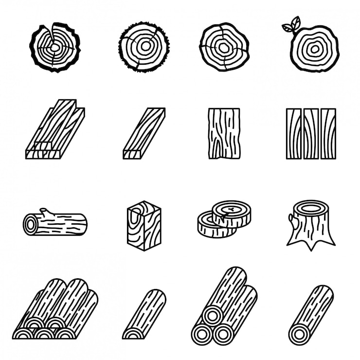 Vector logging and wood icon set with white background.