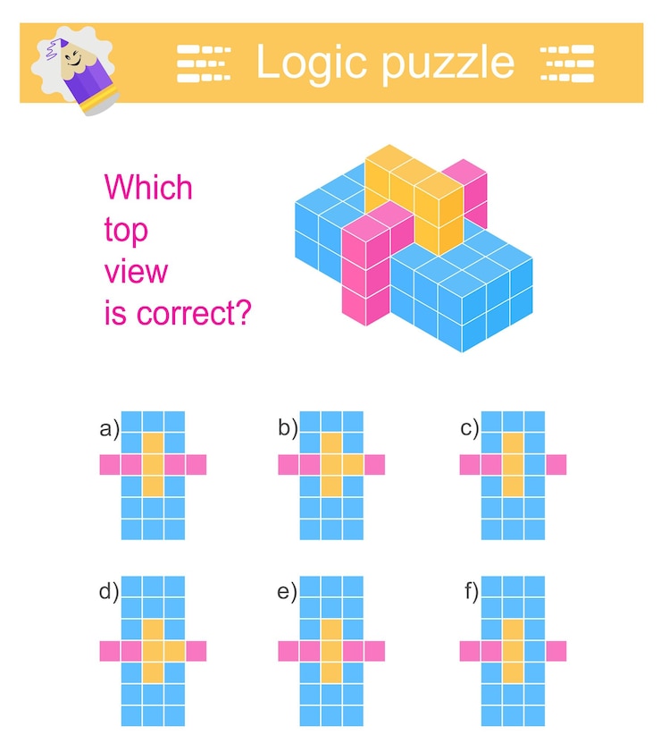 Vector logic puzzle for children which top view is correct iq training test printable worksheet answer is e