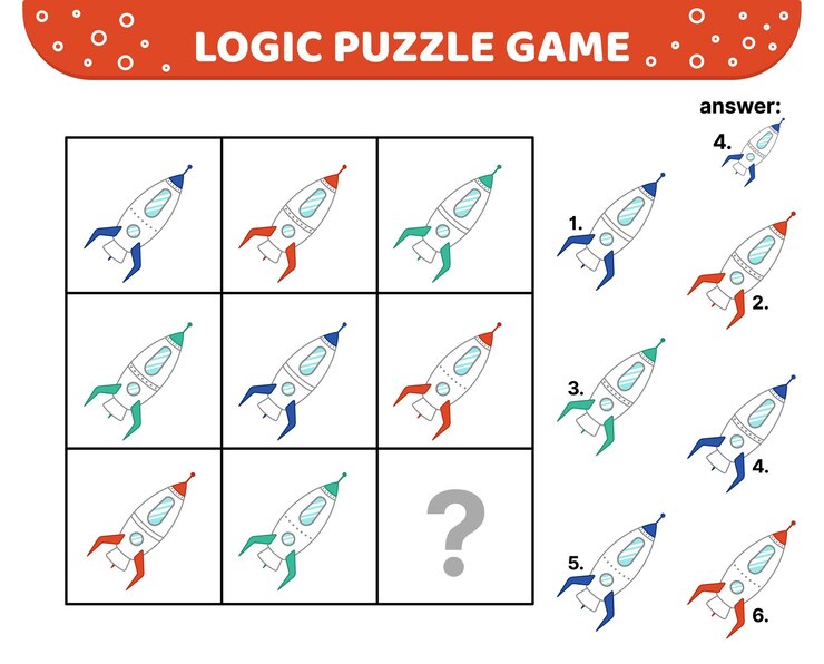 Vector logic puzzle game cartoon rocket for kids cartoon flat vector eps 10