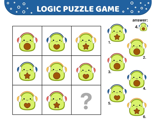 Gioco di puzzle logico con avocado in auricolari squishmallow per bambini cartoon kawaii vector eps 10