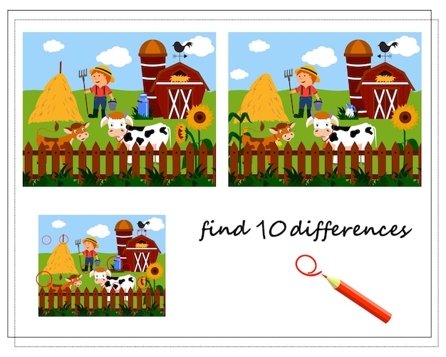 A logical game for children to find the differences Happy farm cows on the farm barn and farmer Vector