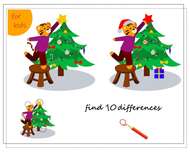 A logical game for children Find the differences Tiger decorates the Christmas tree for Christmas Vector