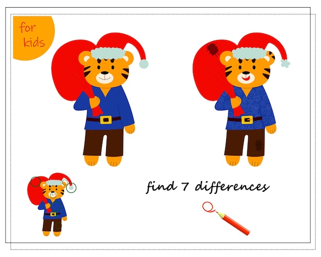 A logical game for children Find the differences Tiger with a bag of gifts new year Vector