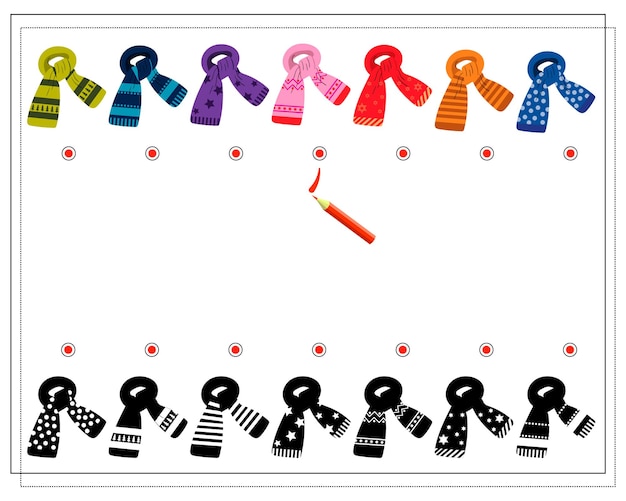 Vettore un gioco logico per i bambini trova la giusta tonalità di sciarpe invernali con diversi modelli vettoriali