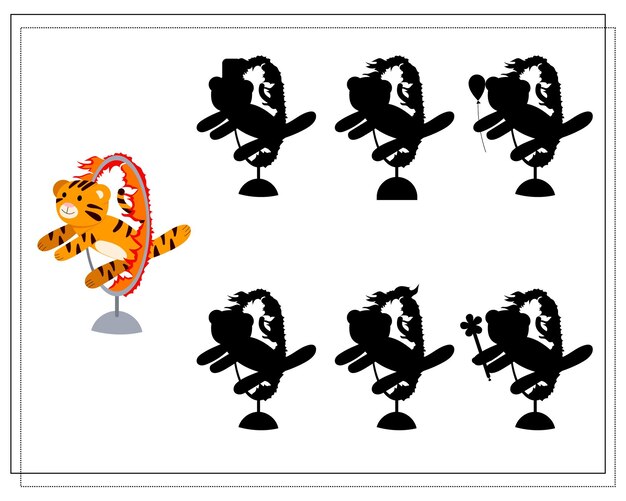 A logical game for children find the right shadow a tiger in a circus