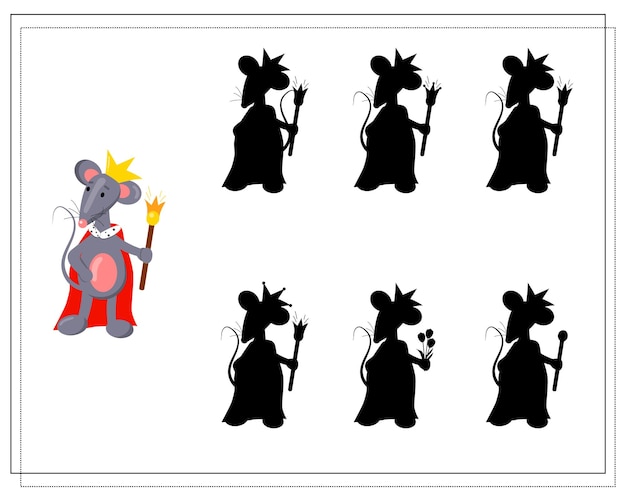 Vector a logical game for children find a shadow cute cartoon rat rat king