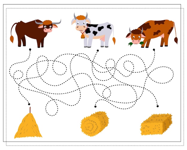 Logicaspel voor kinderen ga door het doolhof Leid de koeien door het doolhof naar het hooi Vector