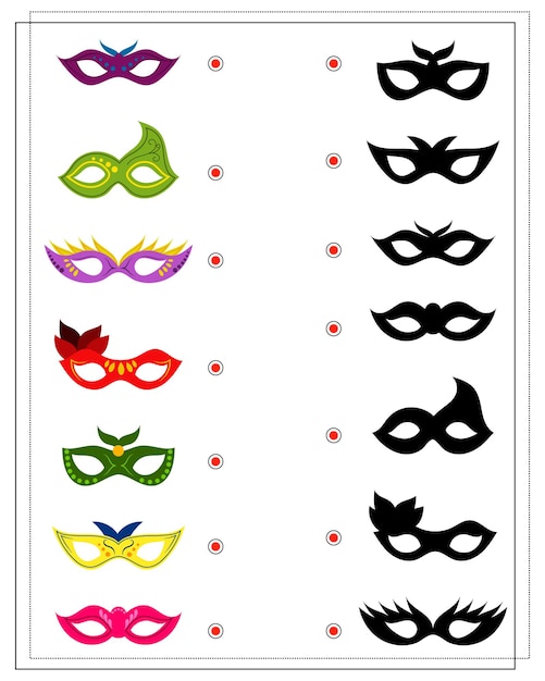 Vector logicaspel voor kinderen vind de juiste schaduw maskerademaskers vector