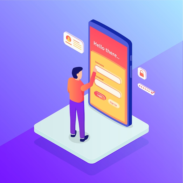 Login concept met veiligheid gebruikersnaam en wachtwoord mensen staan toegang met isometrisch