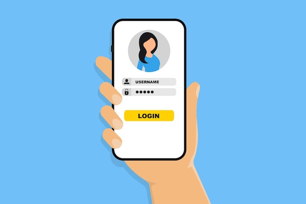 Login form on smartphone screen hand holding mobile phone with log in app user authorization sign in to account authentication page login and password form page secure login and password