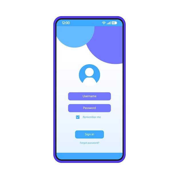 로그인 페이지 스마트폰 인터페이스 벡터 템플릿입니다. 모바일 앱 페이지 블루 디자인 레이아웃입니다. 사용자 이름, 암호 필드. 사용자 인증 화면입니다. 응용 프로그램에 대한 평면 Ui. 비밀번호를 잊으 셨나요. 전화 디스플레이