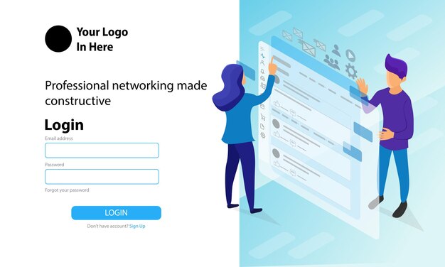 Login page with isometric style illustration about logged in person