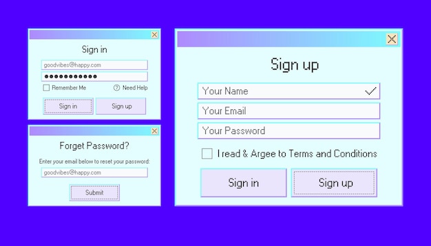 Login retro ui form design Vector sign in page template 90s old pc inerface Forget password form