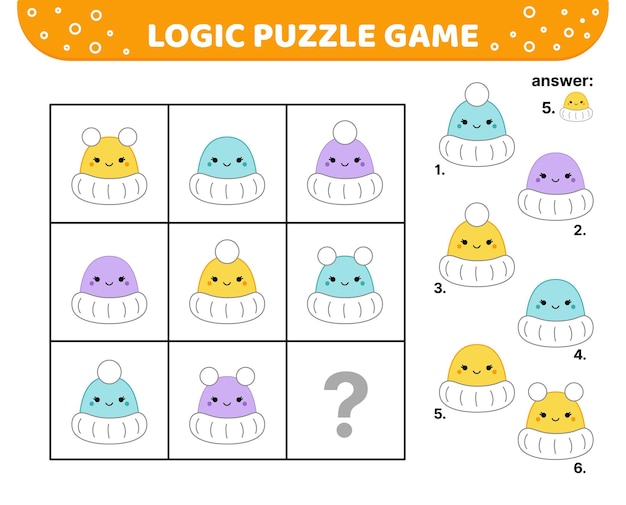 Vector logisch puzzelspel met warme hoeden squishmallow voor kinderen cartoon kawaii vector eps 10