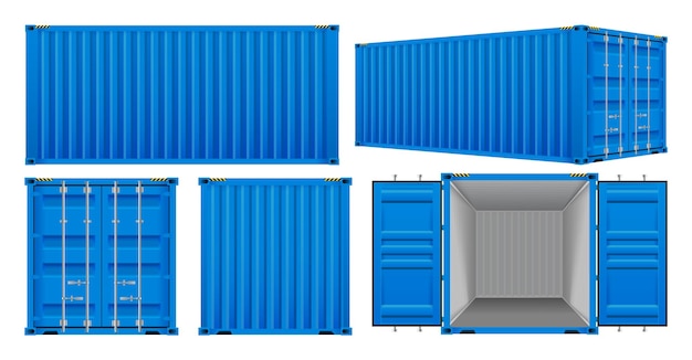 Vector logistic cargo containers front side back and perspective view shipping transportation and delivery concept realistic 3d templates isolated on white background